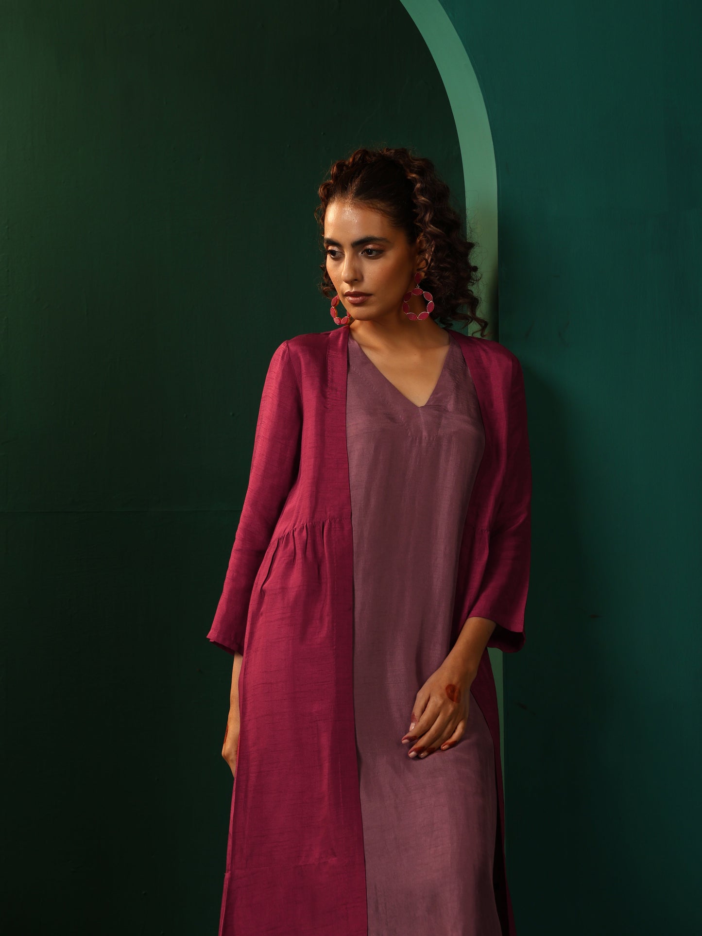 trueBrowns Maroon Light Mauve Silk Jacket Kurta Set | Swadesiicart