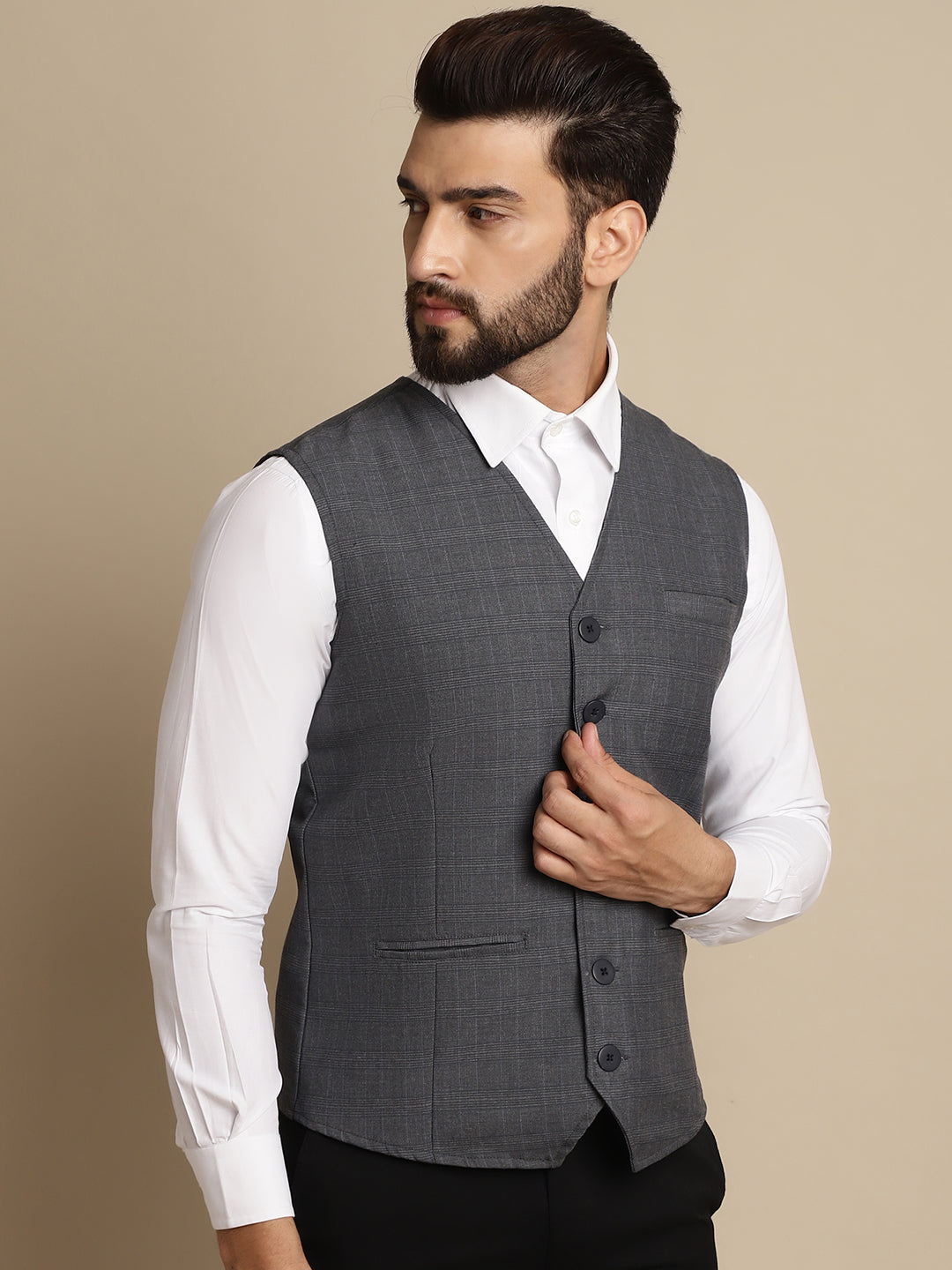 Even Apparels Men's Grey Waistcoat with welt pockets | Swadesiicart