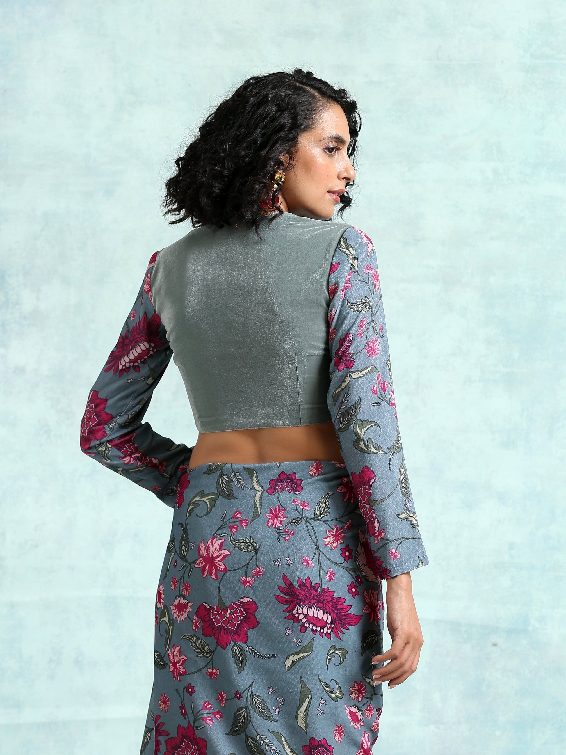trueBrowns Grey Printed Sleeve Velvet Blouse | Swadesiicart