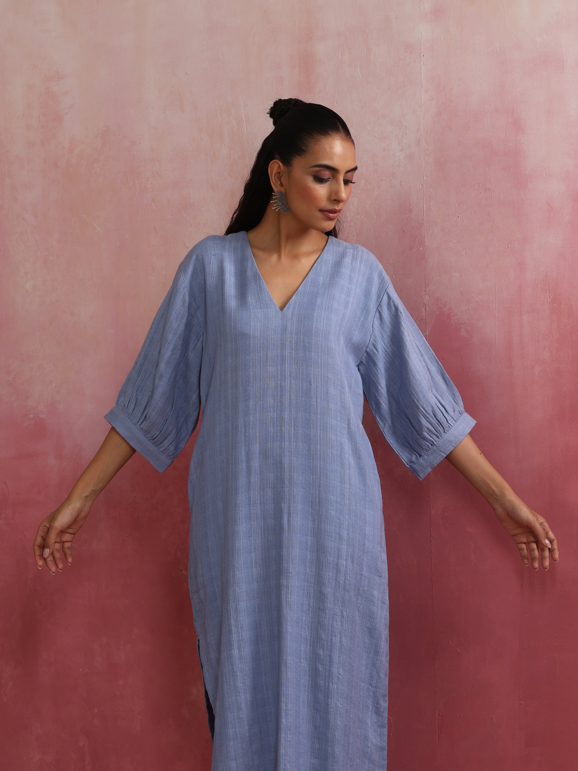 trueBrowns Sky Blue Cotton Dobby Dress | Swadesiicart