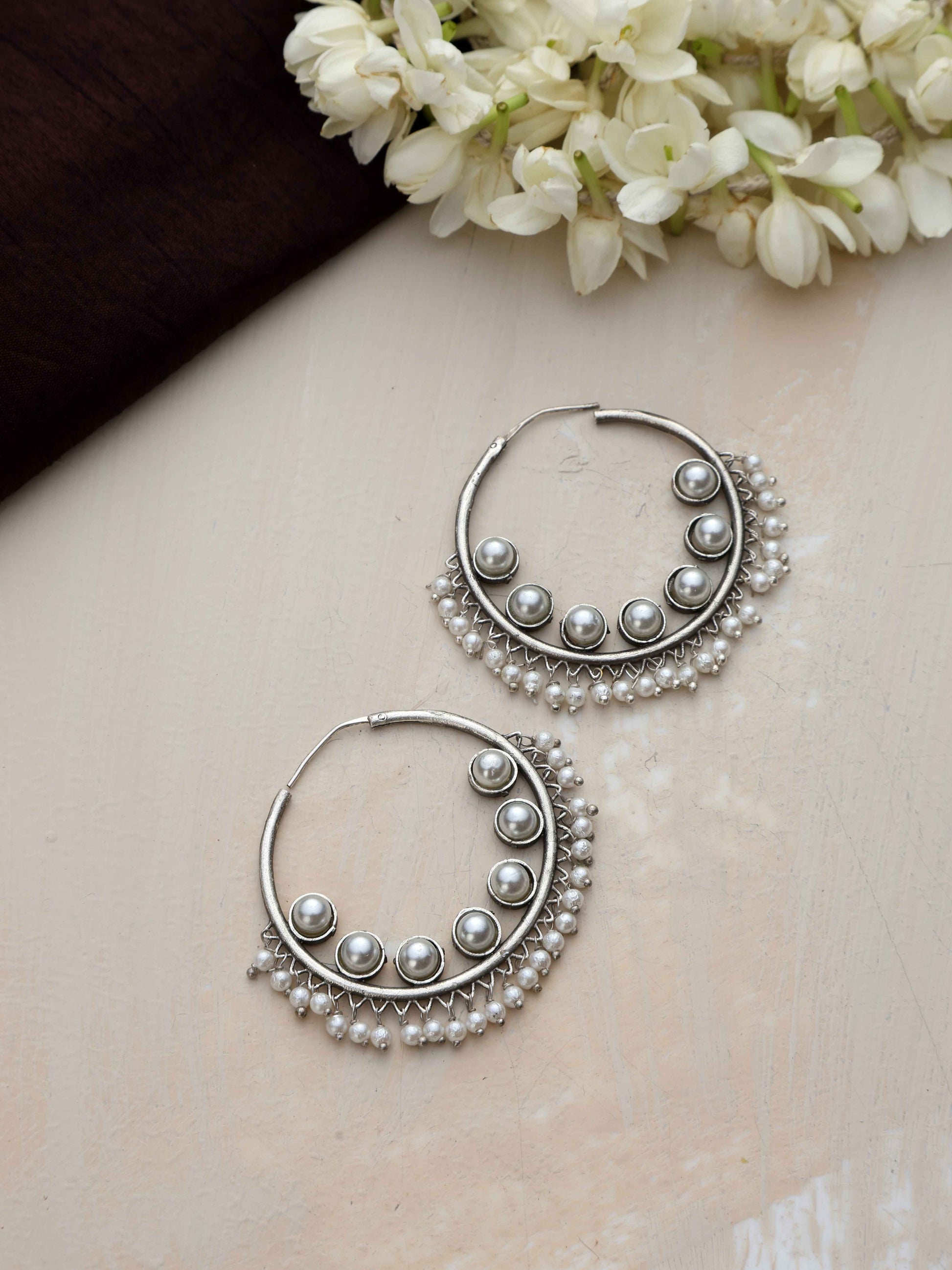 trueBrowns Silver Tone Pearl Hoop Earrings | Swadesiicart