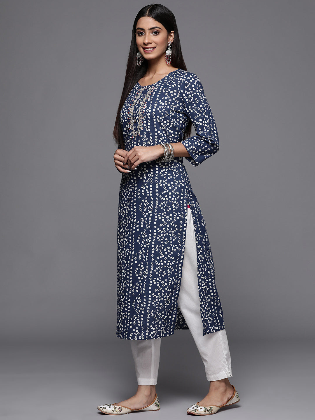 Indian Clothing Varanga Blue Bandhani Print Embroidered Kurta Has Round Neck - Swadesiicart