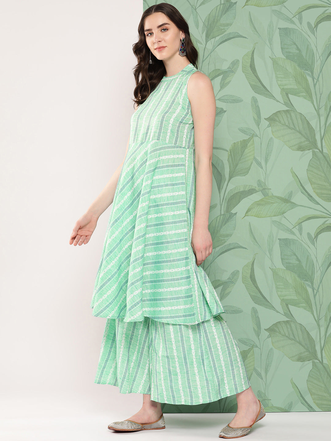 InWeave Women's Teal Kantha Striped Kurta Set - Swadesiicart