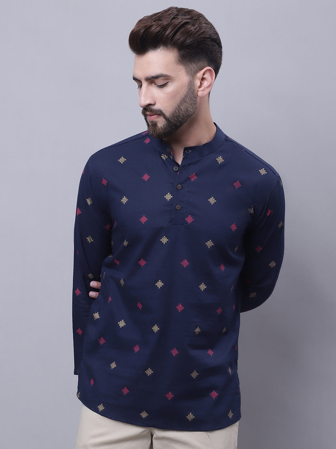 Even Apparels Blue Pure Cotton Short Kurta With Band Collar | Swadesiicart
