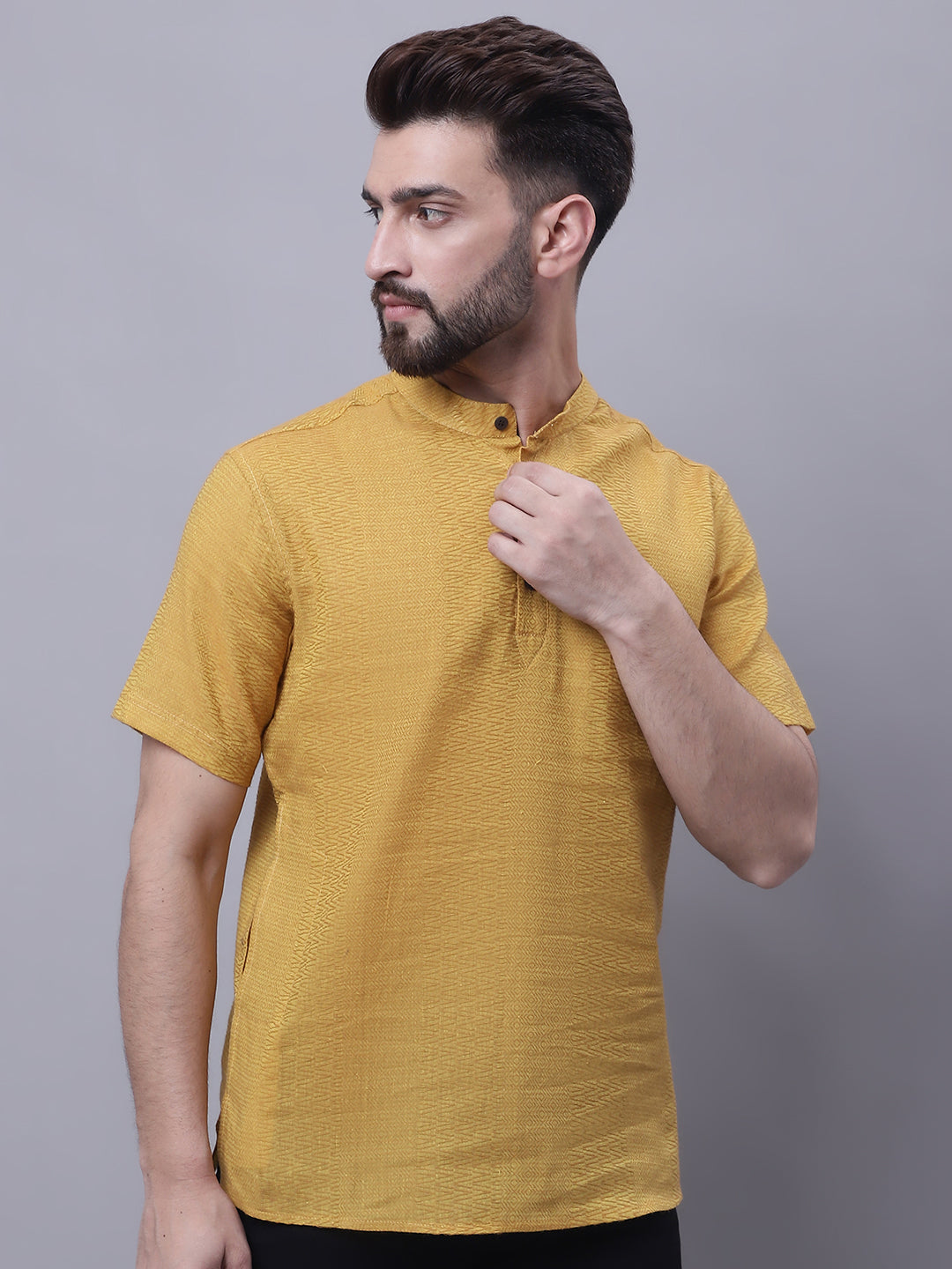 Even Apparels Yellow Pure Cotton Short Sleeves Kurta With Band Collar | Swadesiicart
