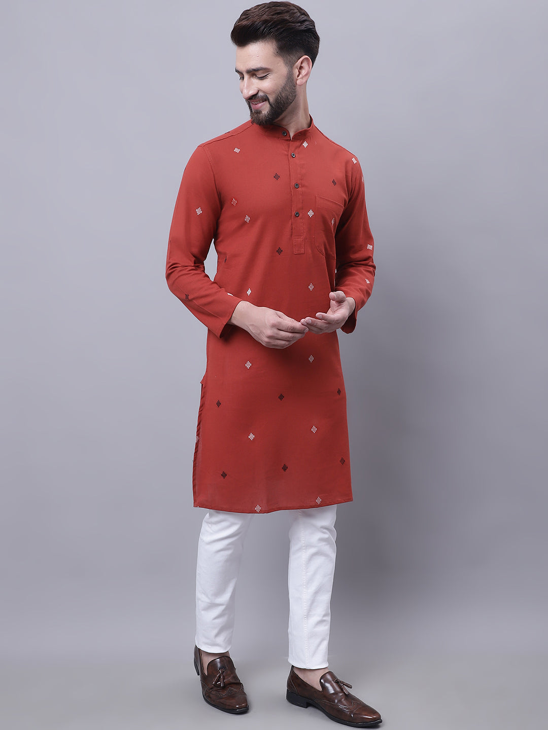Even Apparels Rust Pure Cotton Kurta With Band Collar | Swadesiicart