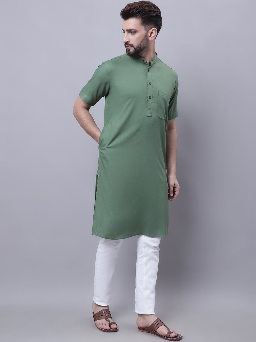 Even Apparels Green Pure Cotton Short Sleeves Kurta With Band Collar | Swadesiicart