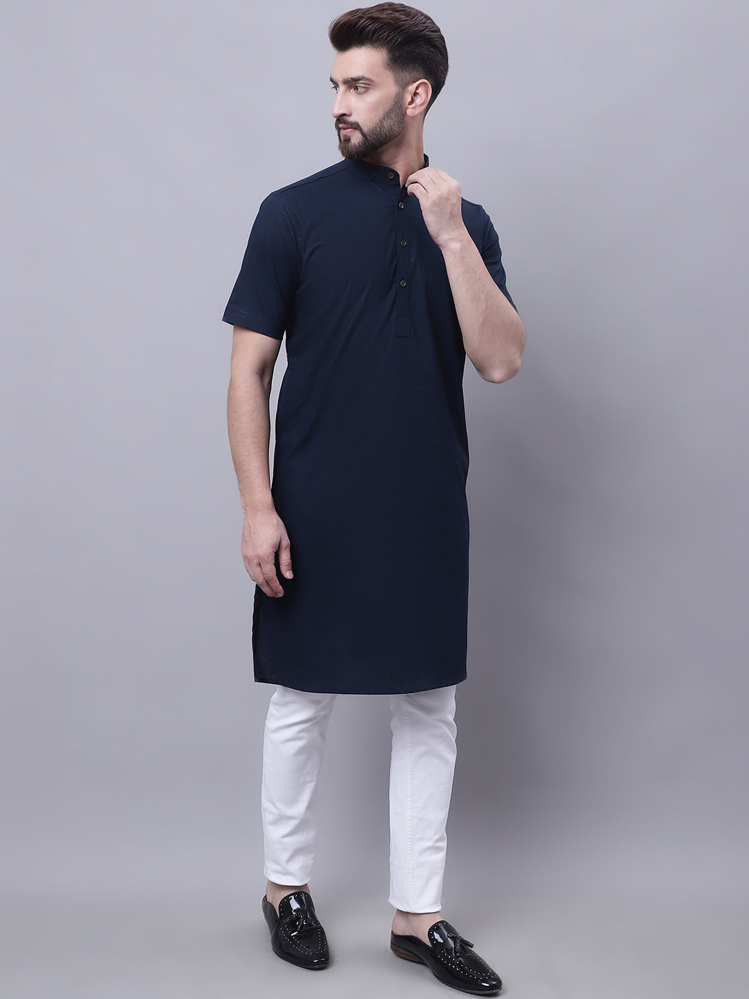 Even Apparels Blue Pure Cotton Short Sleeves Kurta With Band Collar | Swadesiicart