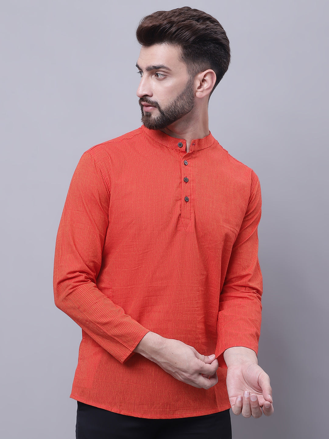 Even Apparels Orange Pure Cotton Short Kurta With Band Collar | Swadesiicart