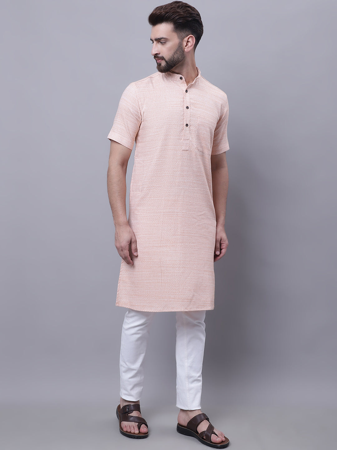 Even Apparels Peach Pure Cotton Short Sleeves Kurta With Band Collar | Swadesiicart