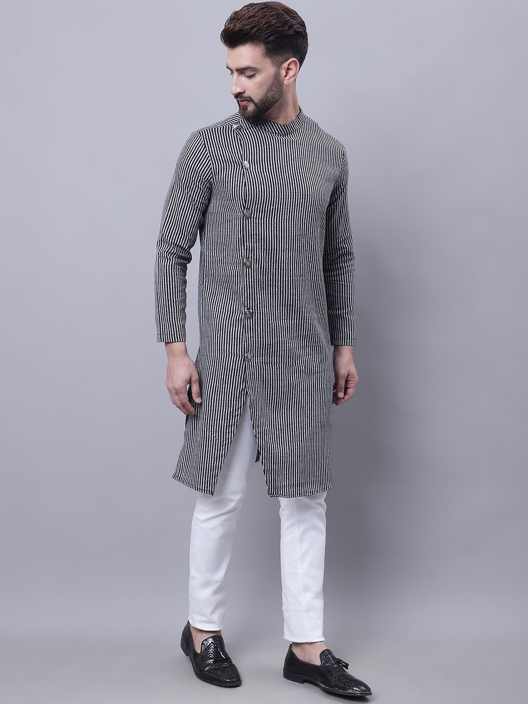 Even Apparels Black Sherwani Kurta With Asymetrical Cut | Swadesiicart