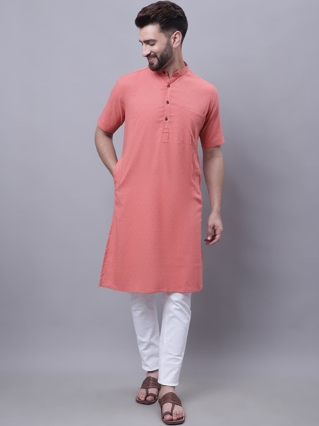 Even Apparels Peach Pure Cotton Short Sleeves Kurta With Band Collar | Swadesiicart