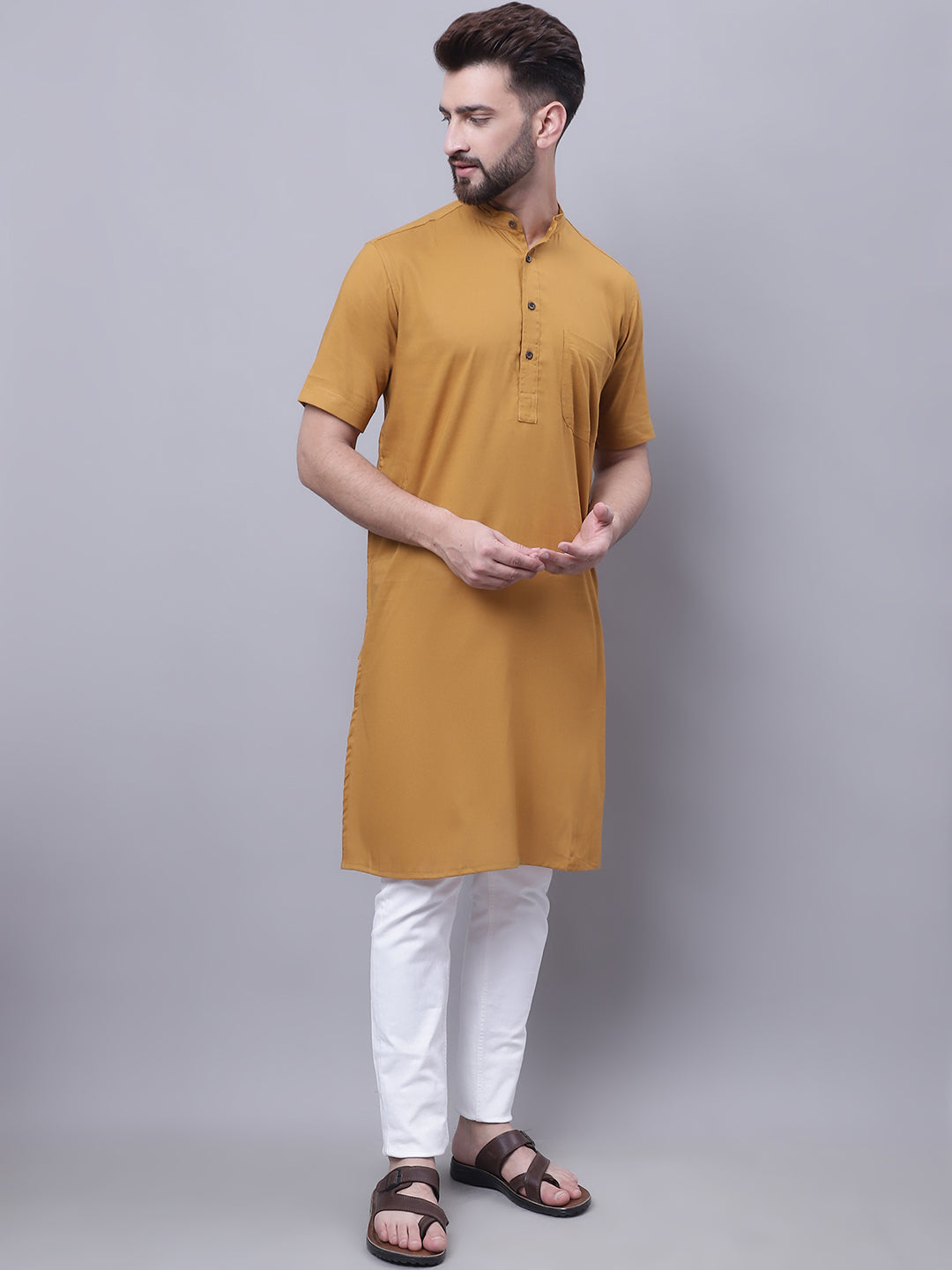 Even Apparels Mustard Pure Cotton Short Sleeves Kurta With Band Collar | Swadesiicart