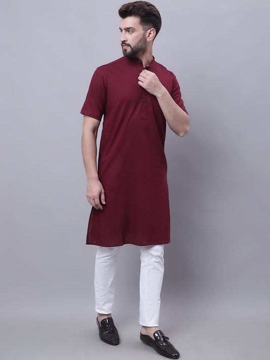Even Apparels Red Pure Cotton Short Sleeves Kurta With Band Collar | Swadesiicart