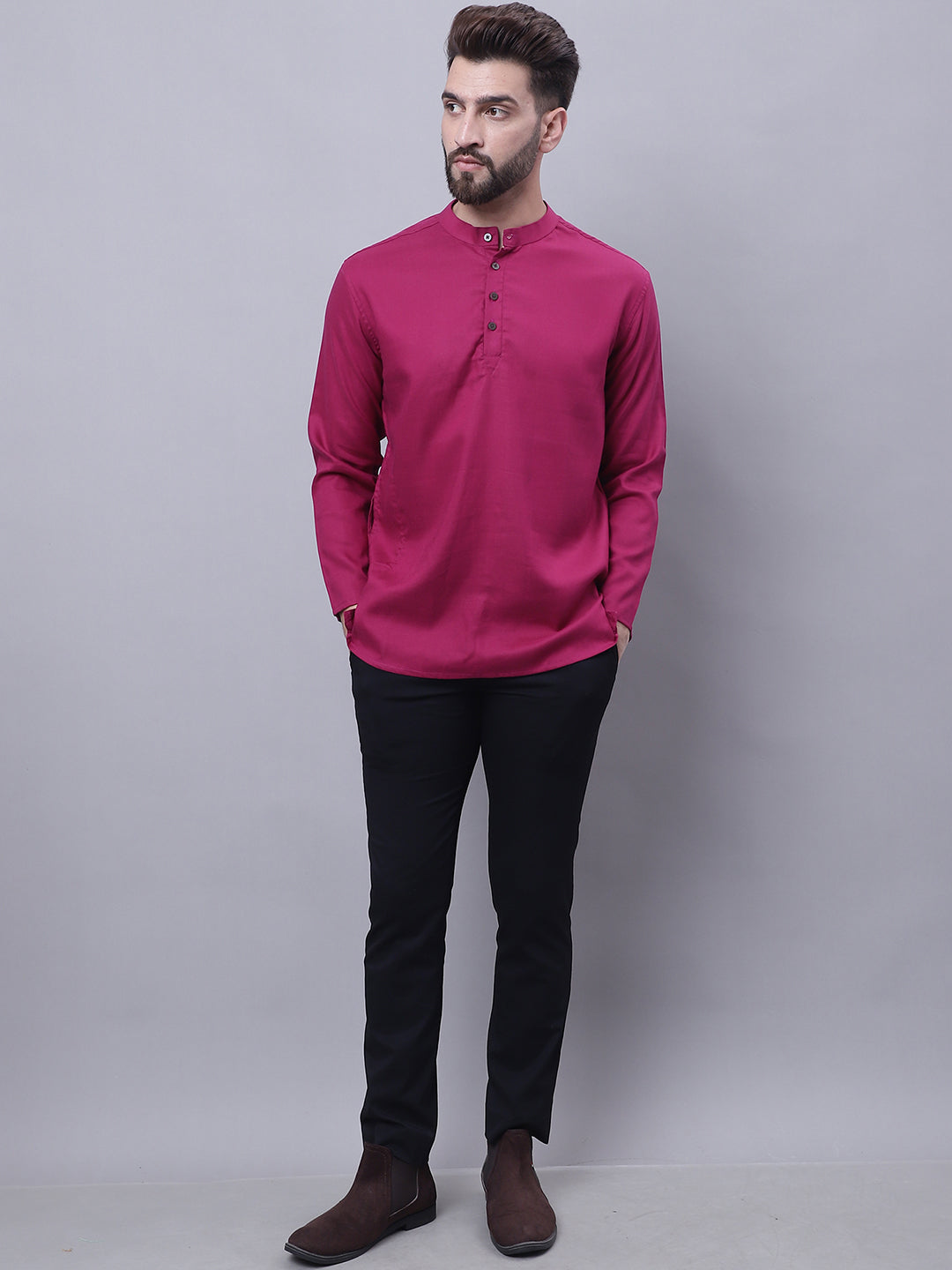 Even Apparels Wine Pure Cotton Short Kurta With Band Collar | Swadesiicart