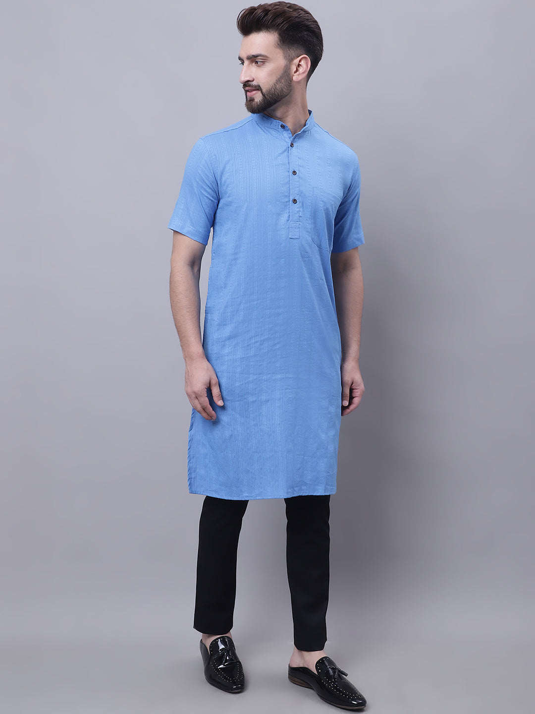 Even Apparels Blue Pure Cotton Short Sleeves Kurta With Band Collar | Swadesiicart