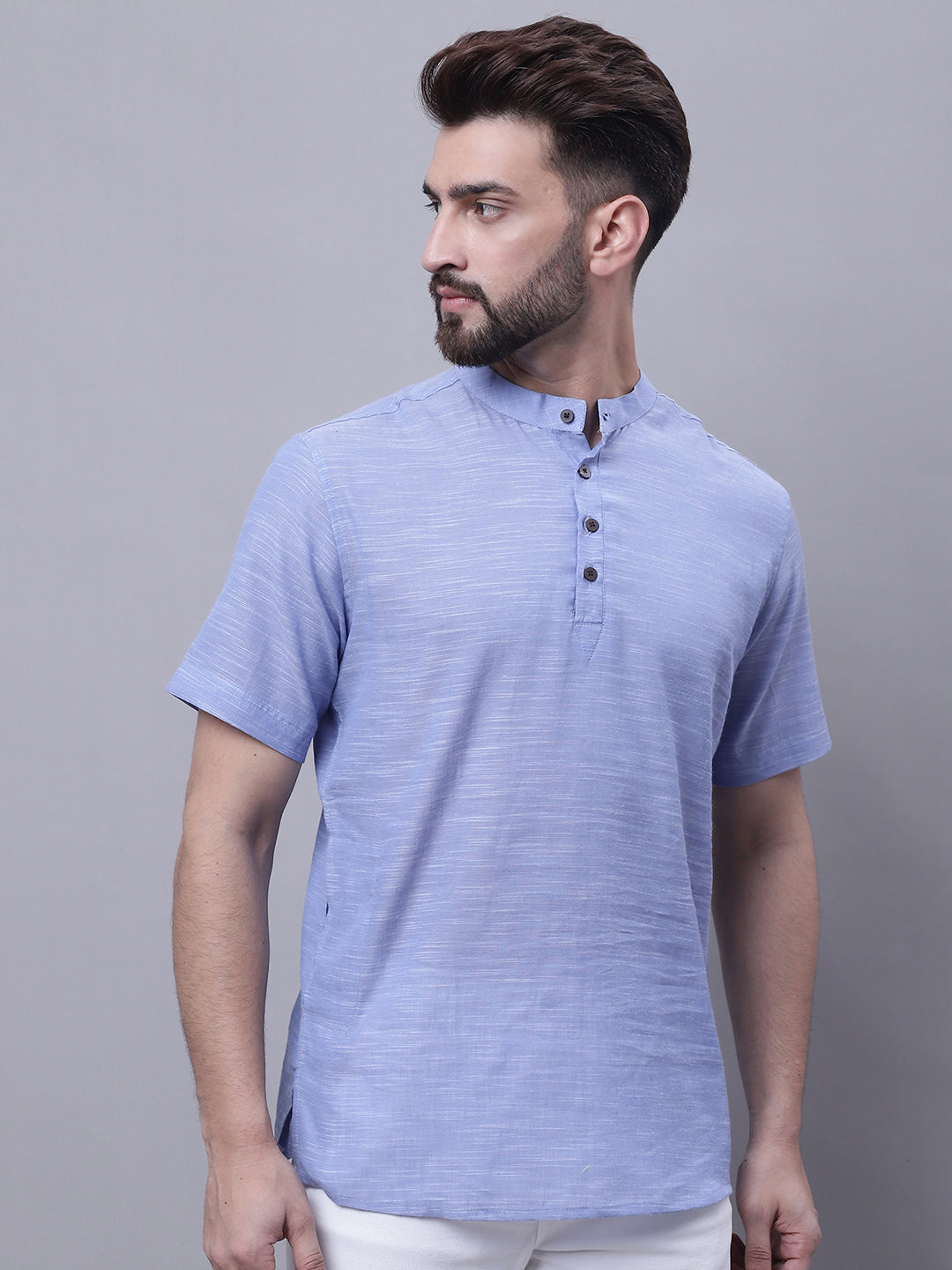 Even Apparels Blue Pure Cotton Short Kurta With Band Collar | Swadesiicart