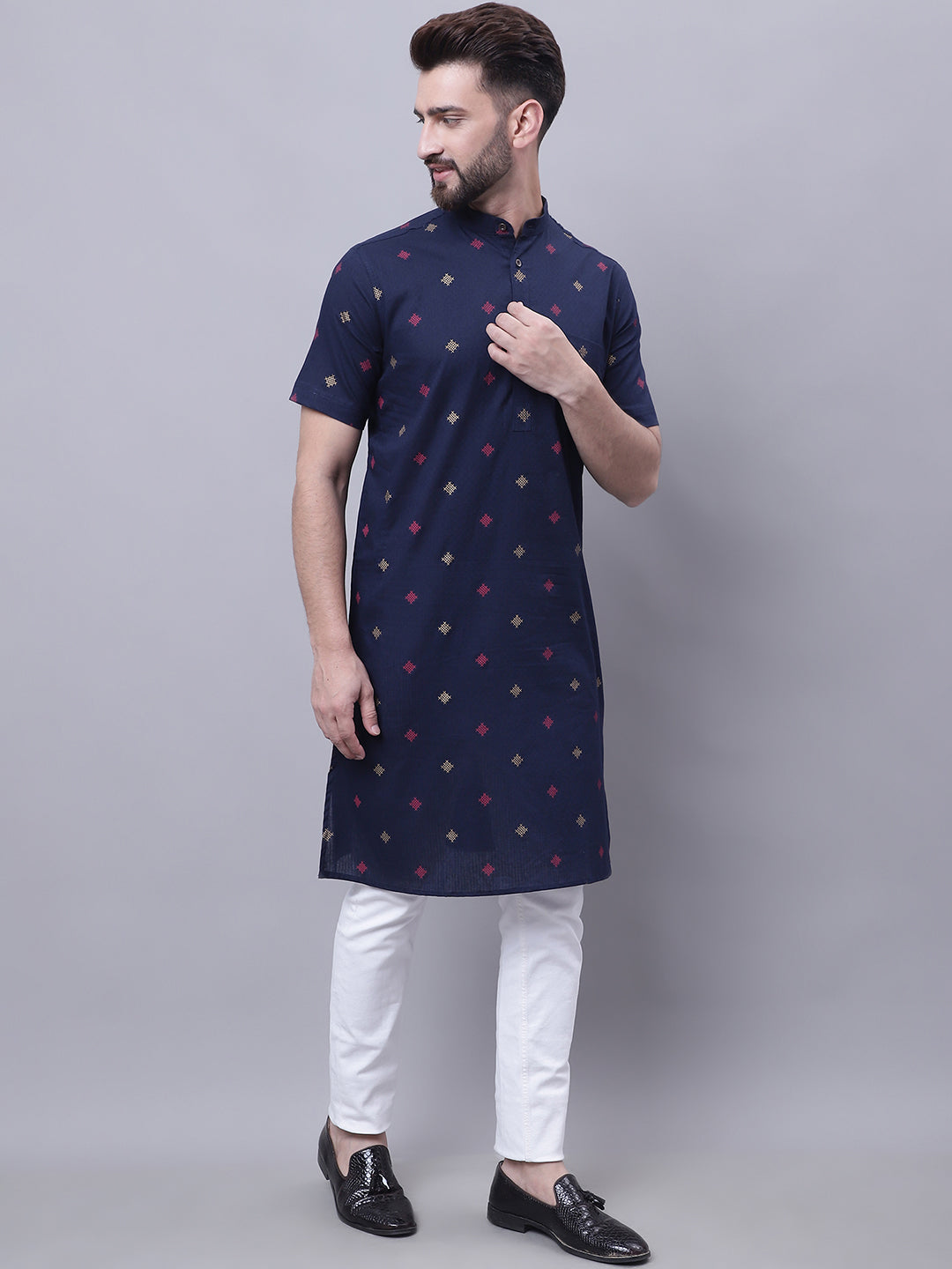 Even Apparels Blue Pure Cotton Short Sleeves Kurta With Band Collar | Swadesiicart
