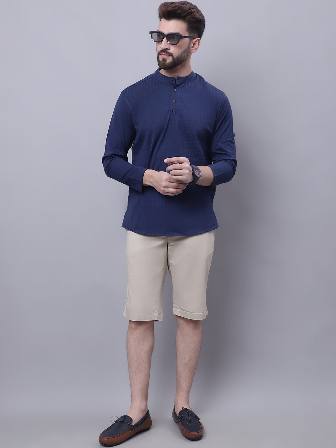 Even Apparels Blue Pure Cotton Short Kurta With Band Collar | Swadesiicart