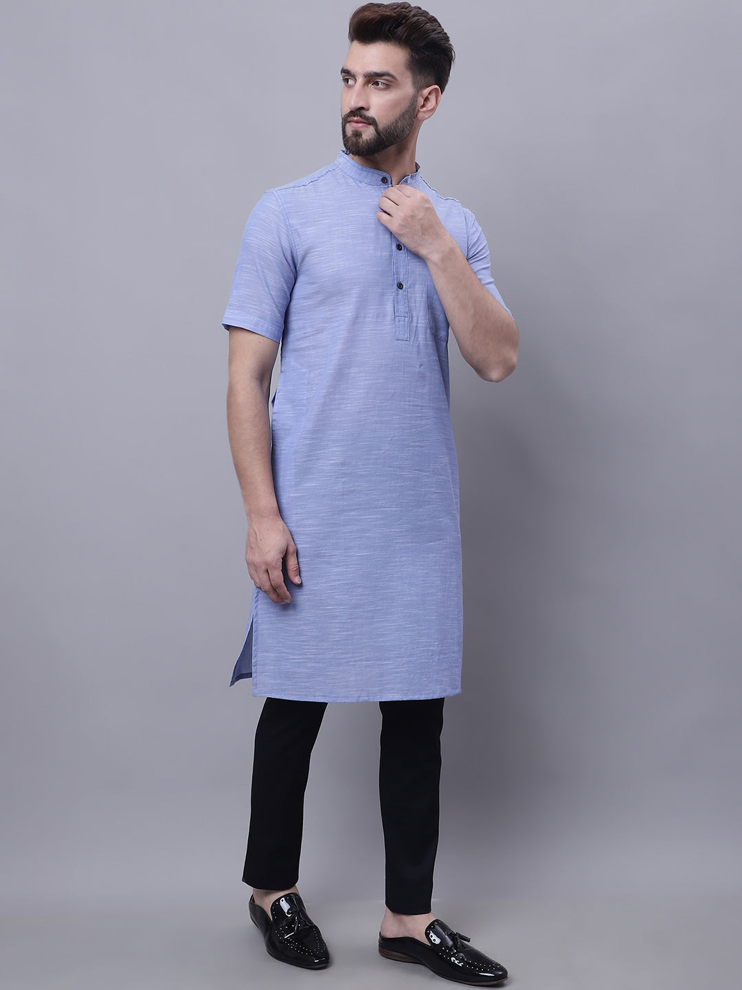 Even Apparels Blue Pure Cotton Short Sleeves Kurta With Band Collar | Swadesiicart