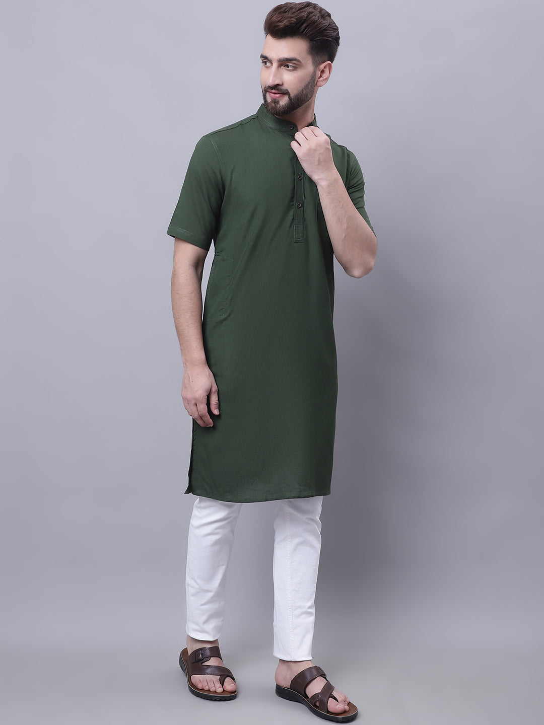 Even Apparels Green Pure Cotton Short Sleeves Kurta With Band Collar | Swadesiicart