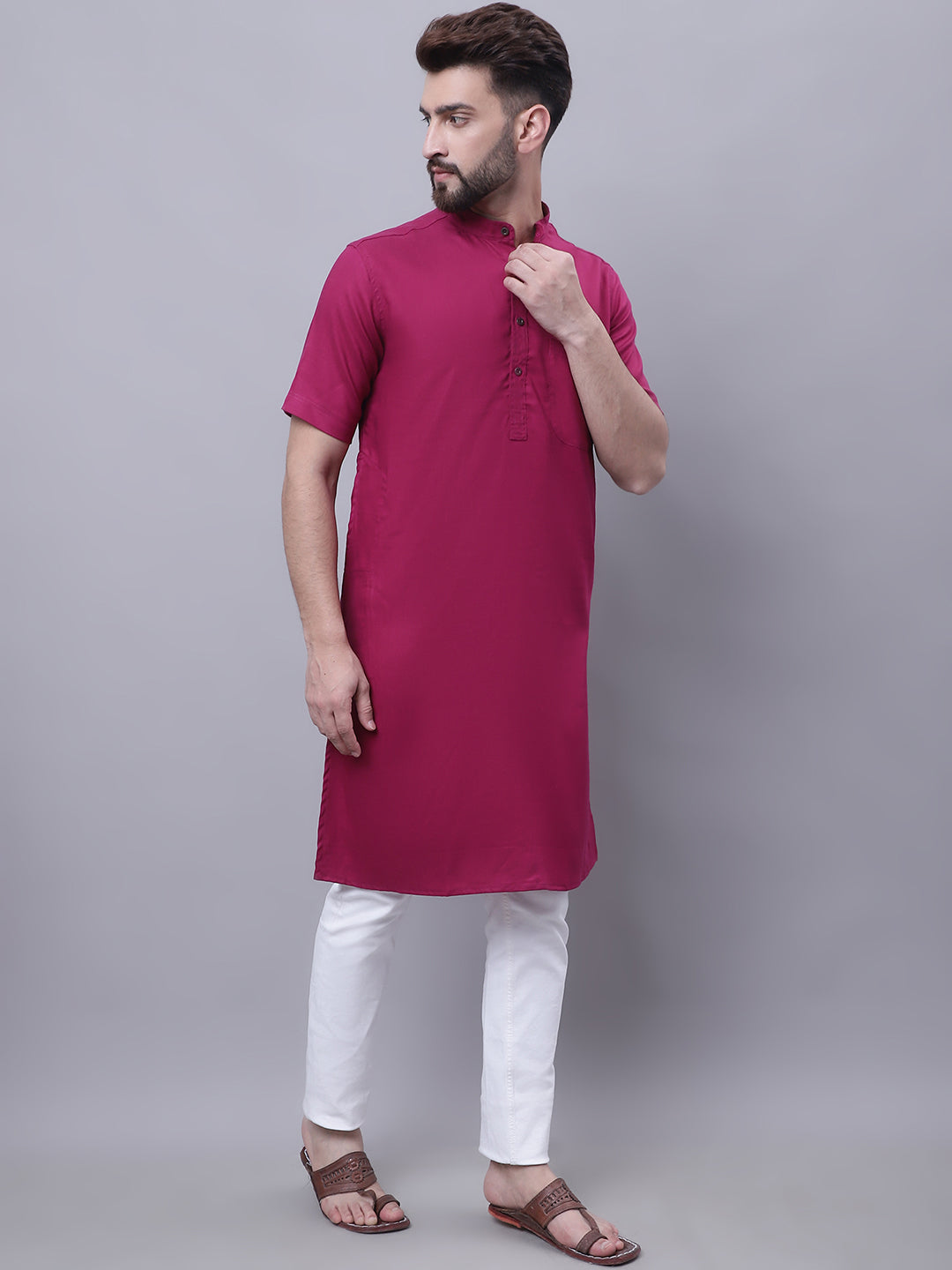 Even Apparels Maroon Pure Cotton Short Sleeves Kurta With Band Collar | Swadesiicart
