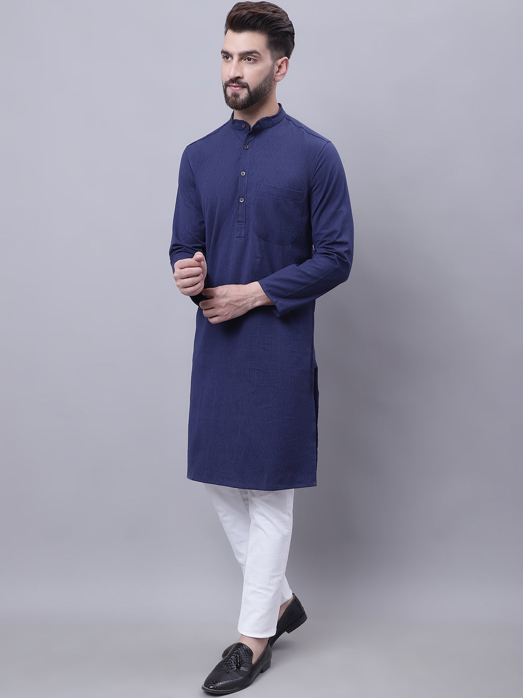 Even Apparels Blue Pure Cotton Kurta With Band Collar | Swadesiicart