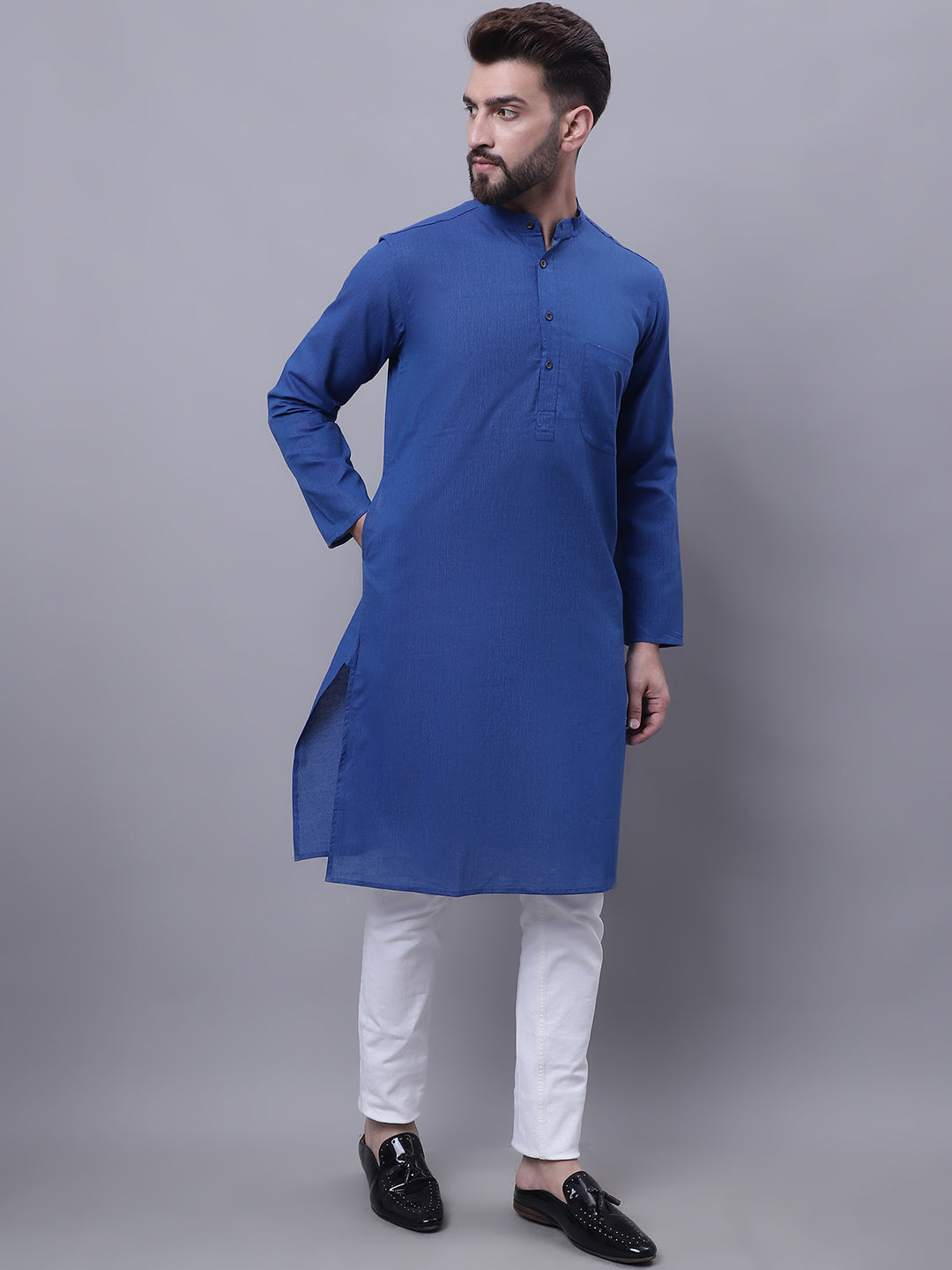Even Apparels Blue Pure Cotton Kurta With Band Collar | Swadesiicart
