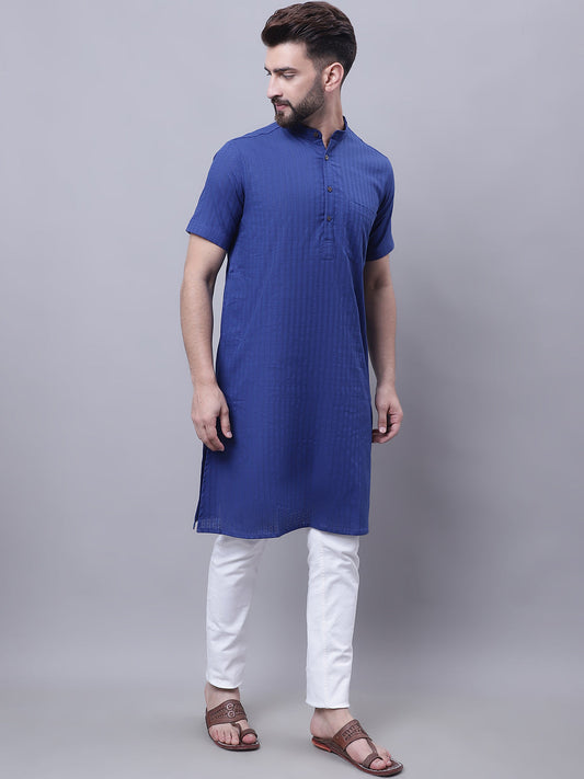 Even Apparels Blue Pure Cotton Short Sleeves Kurta With Band Collar | Swadesiicart