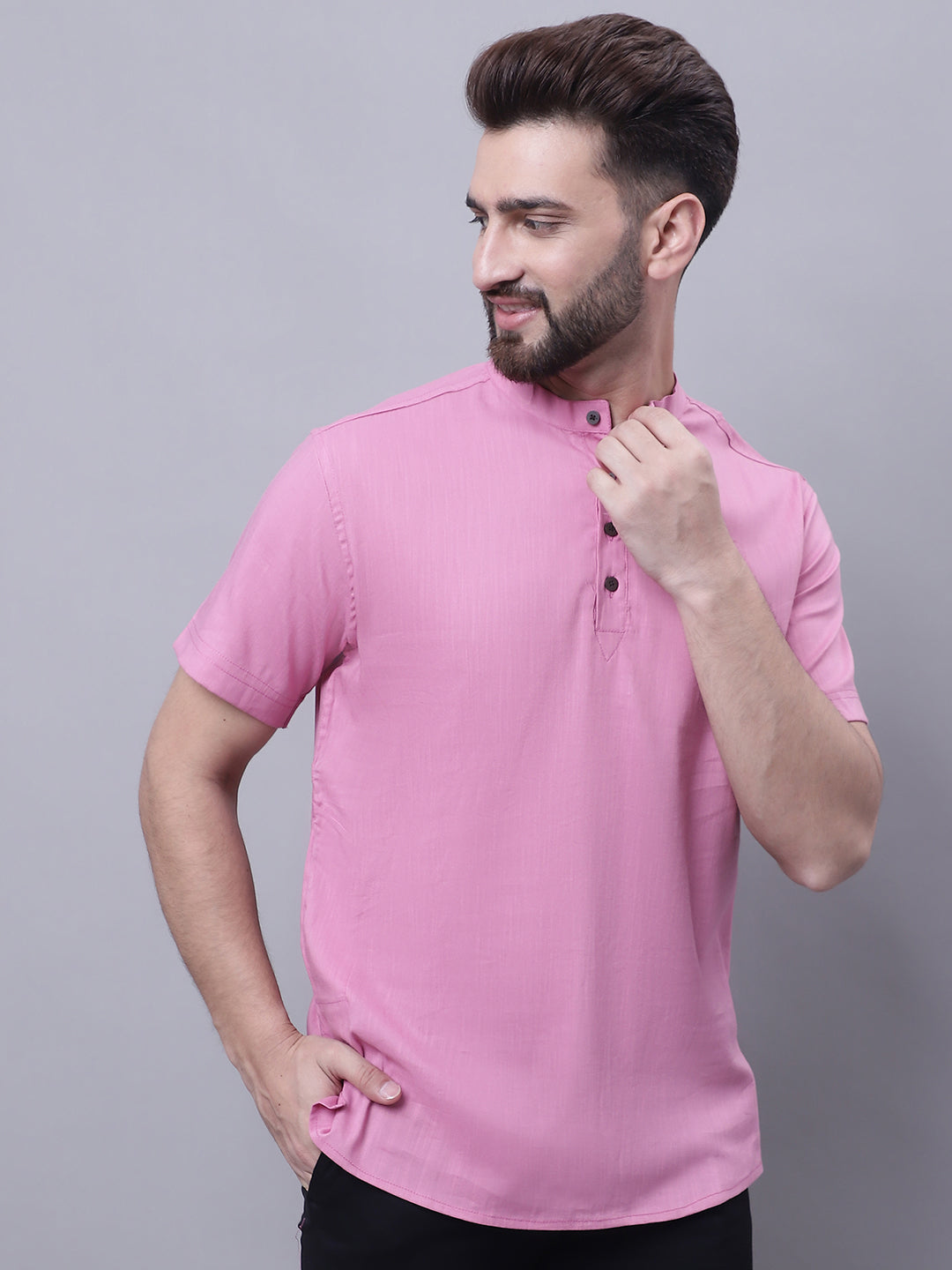 Even Apparels Pink Pure Cotton Short Kurta With Band Collar | Swadesiicart