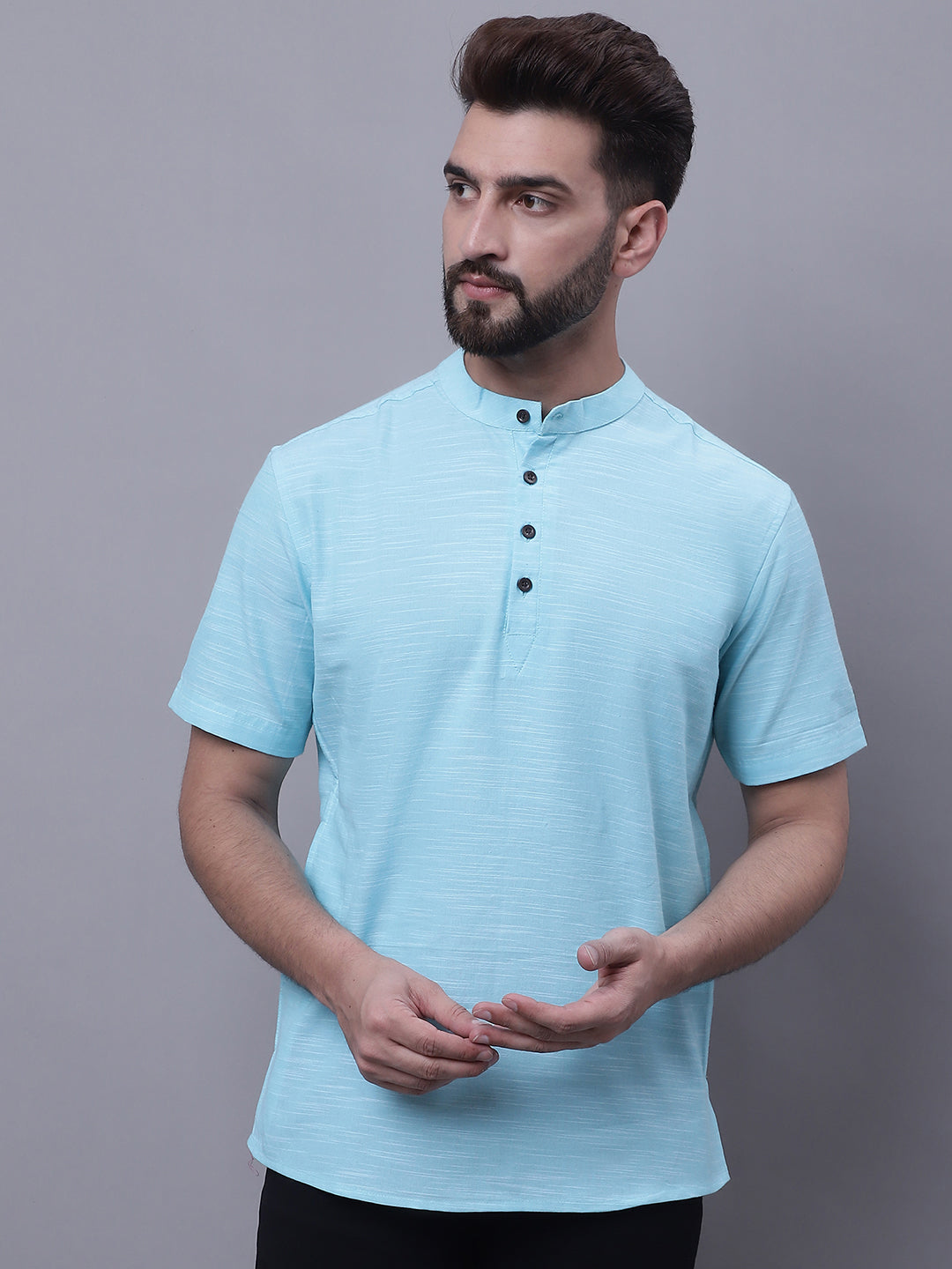 Even Apparels Blue Pure Cotton Short Kurta With Band Collar | Swadesiicart