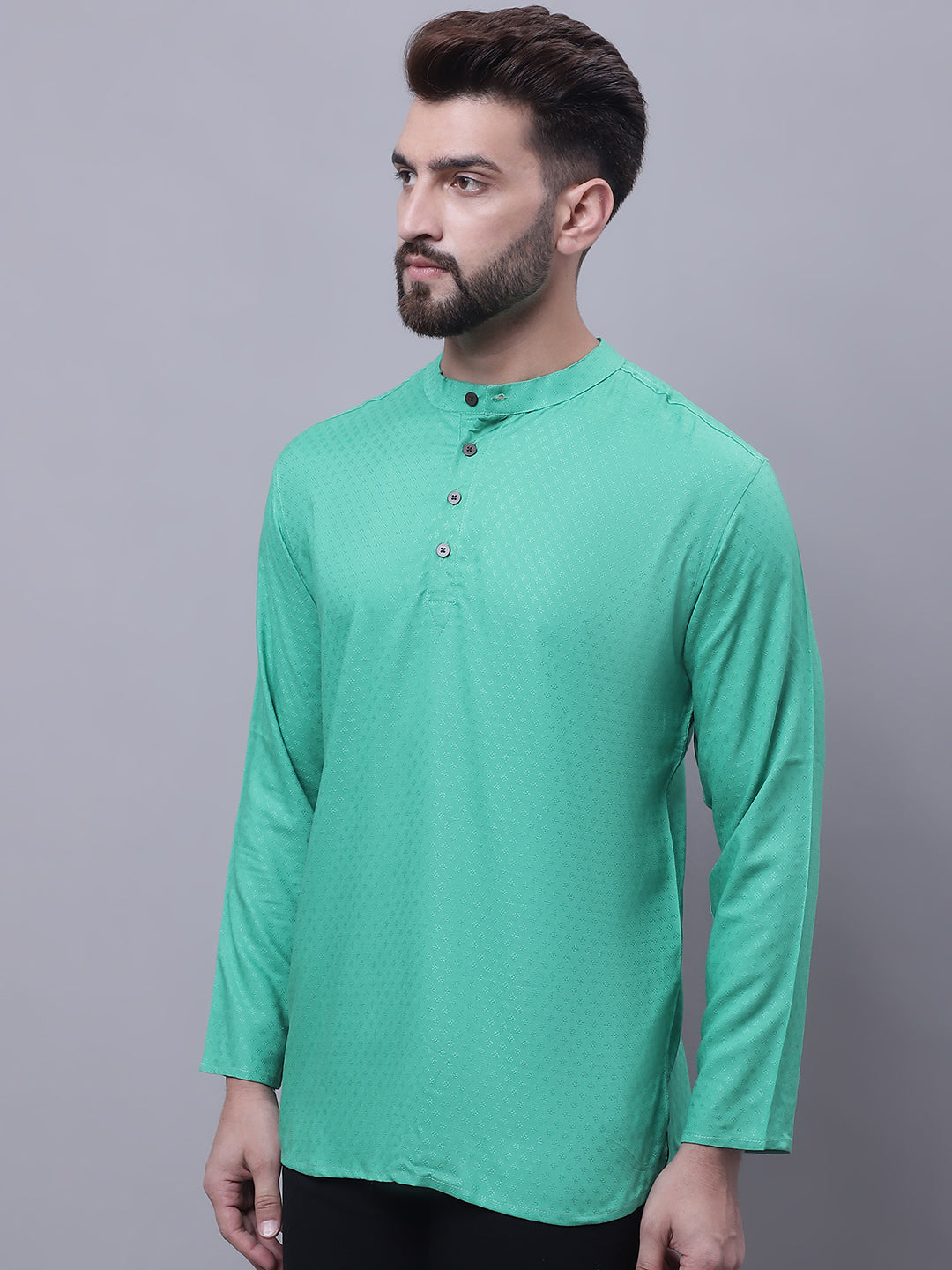 Even Apparels Green Pure Cotton Short Kurta With Band Collar | Swadesiicart