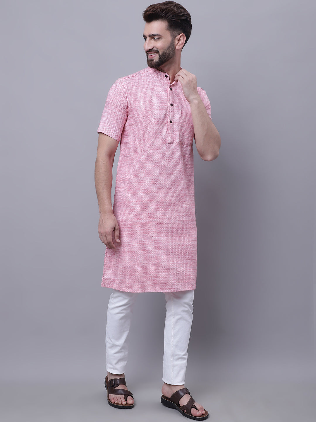 Even Apparels Pink Pure Cotton Short Sleeves Kurta With Band Collar | Swadesiicart