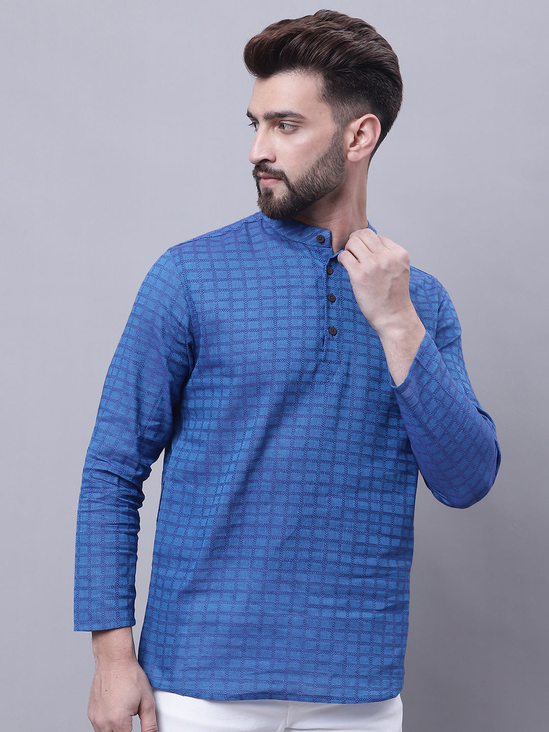 Even Apparels Blue Pure Cotton Short Kurta With Band Collar | Swadesiicart