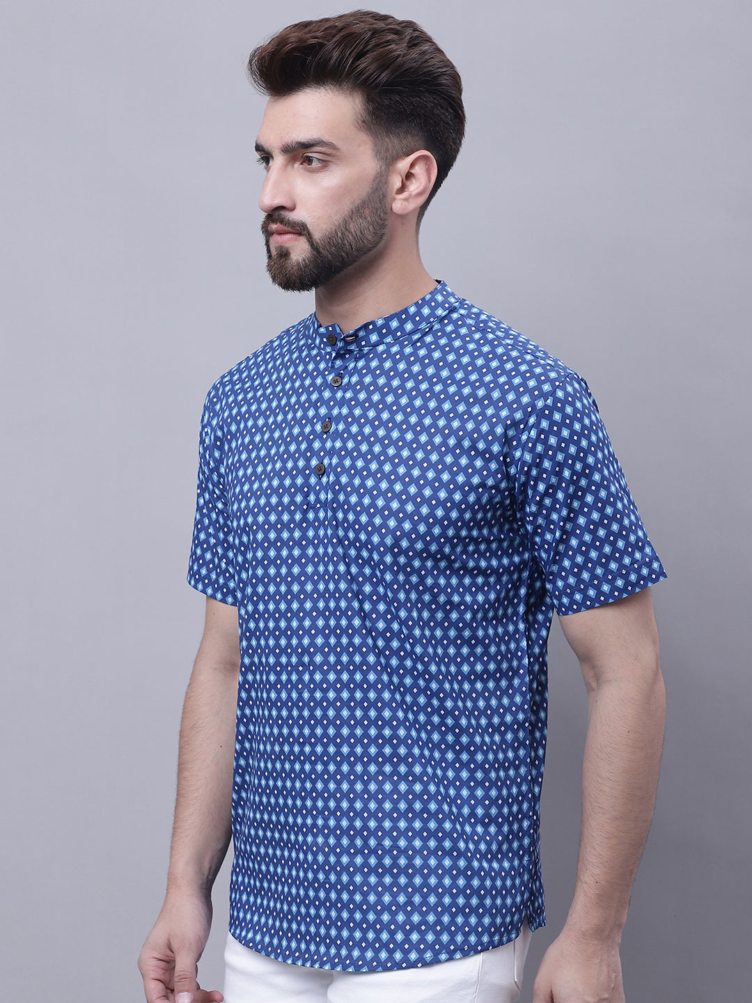 Even Apparels Blue Pure Cotton Short Kurta With Band Collar | Swadesiicart