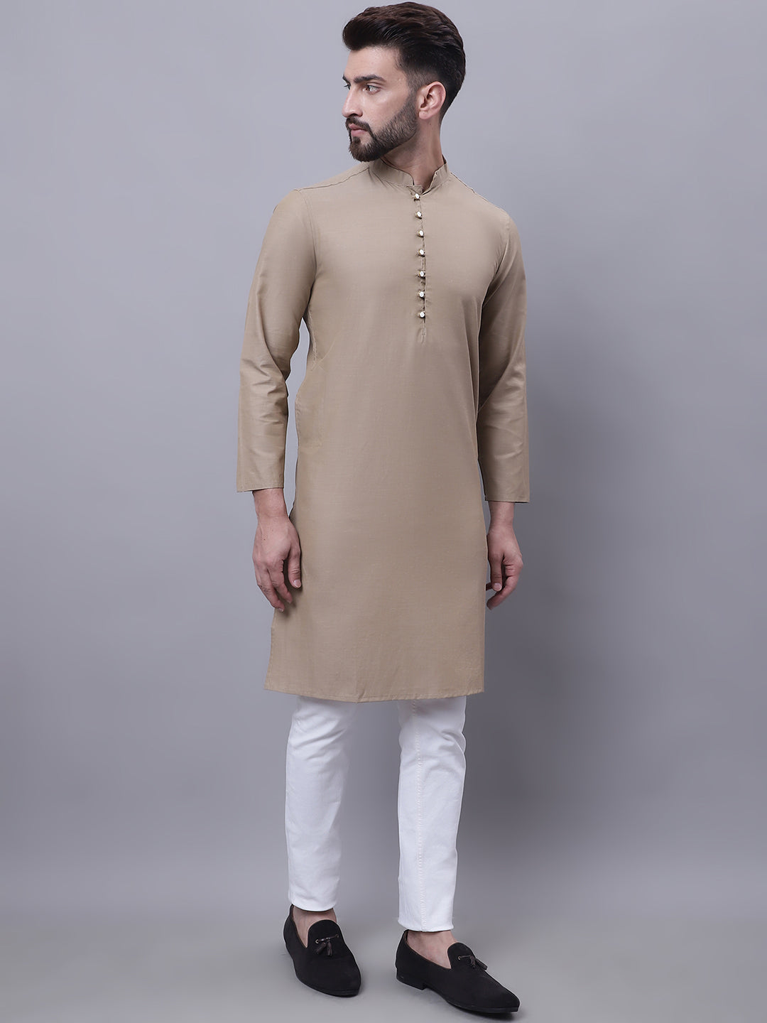 Even Apparels Beige Pure Cotton Kurta With Band Collar | Swadesiicart
