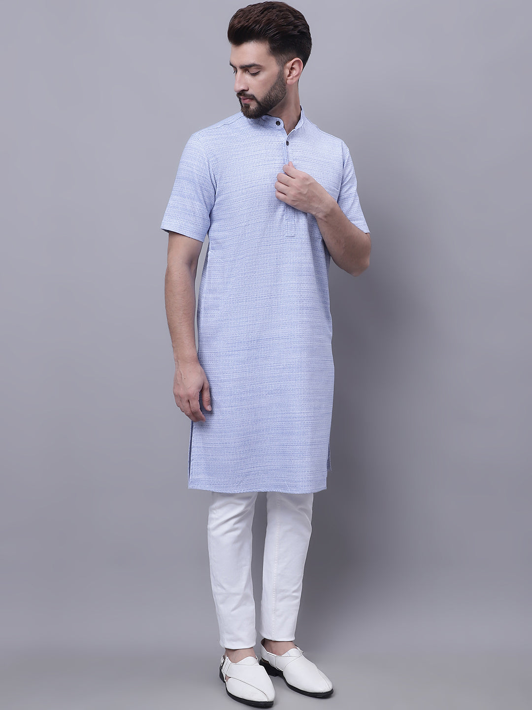 Even Apparels Blue Pure Cotton Short Sleeves Kurta With Band Collar | Swadesiicart