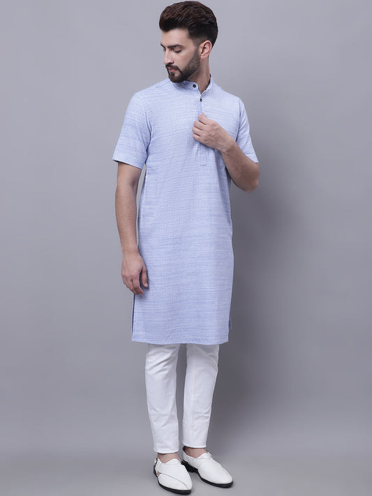 Even Apparels Blue Pure Cotton Short Sleeves Kurta With Band Collar | Swadesiicart