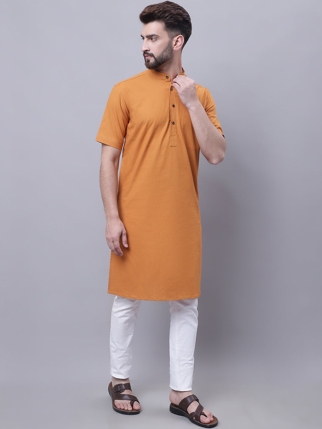 Even Apparels Yellow Pure Cotton Short Sleeves Kurta With Band Collar | Swadesiicart