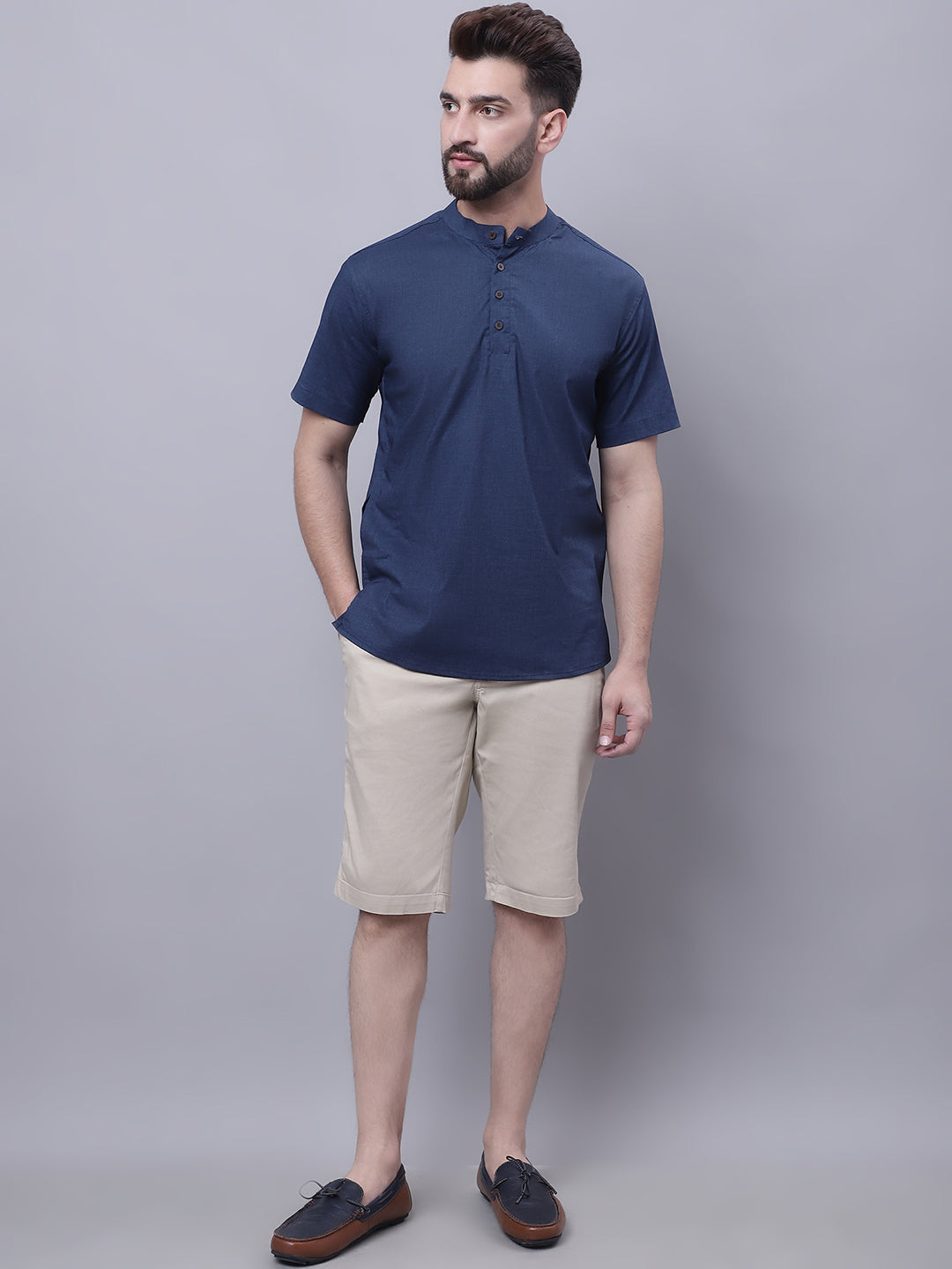 Even Apparels Blue Pure Cotton Short Kurta With Band Collar | Swadesiicart