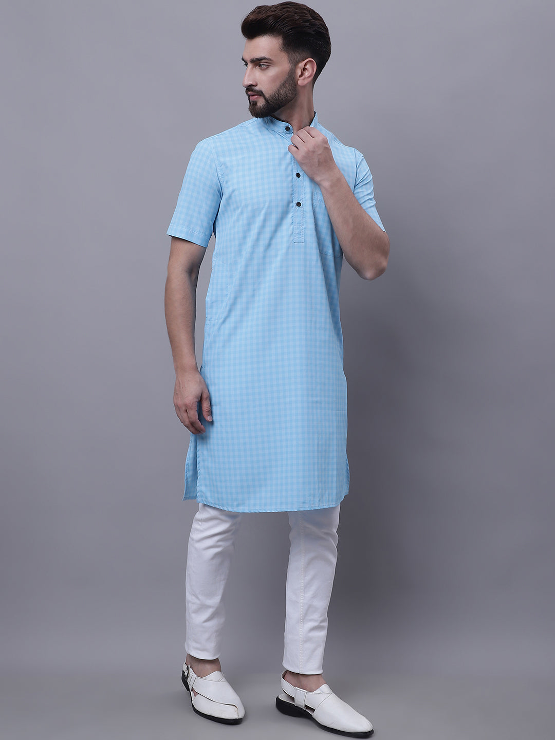 Even Apparels Blue Pure Cotton Short Sleeves Kurta With Band Collar | Swadesiicart