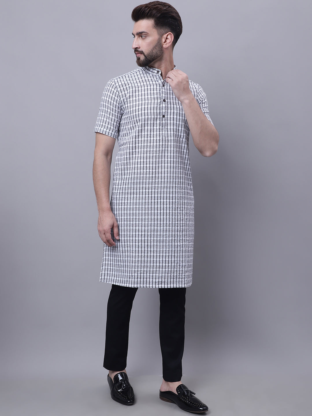 Even Apparels Multi Pure Cotton Short Sleeves Kurta With Band Collar | Swadesiicart