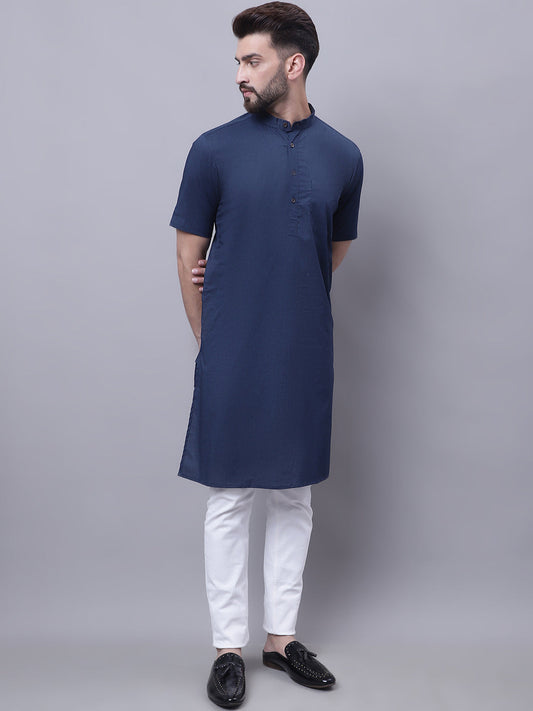 Even Apparels Blue Pure Cotton Short Sleeves Kurta With Band Collar | Swadesiicart