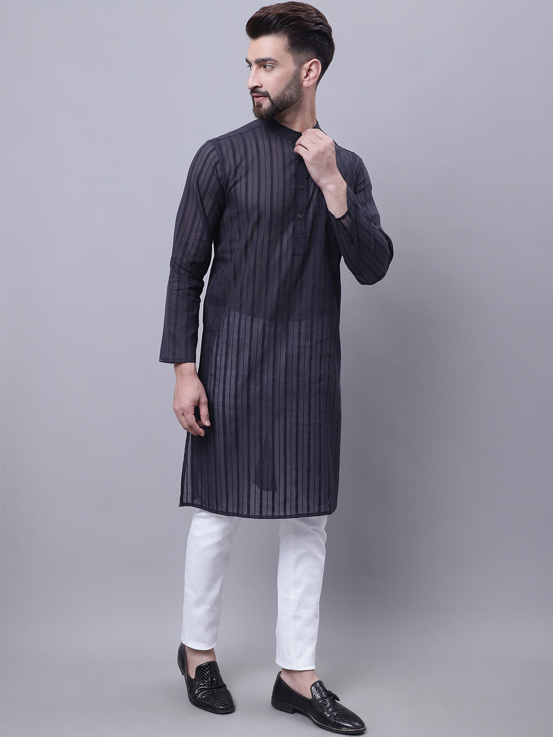 Even Apparels Black Pure Cotton Kurta With Band Collar | Swadesiicart