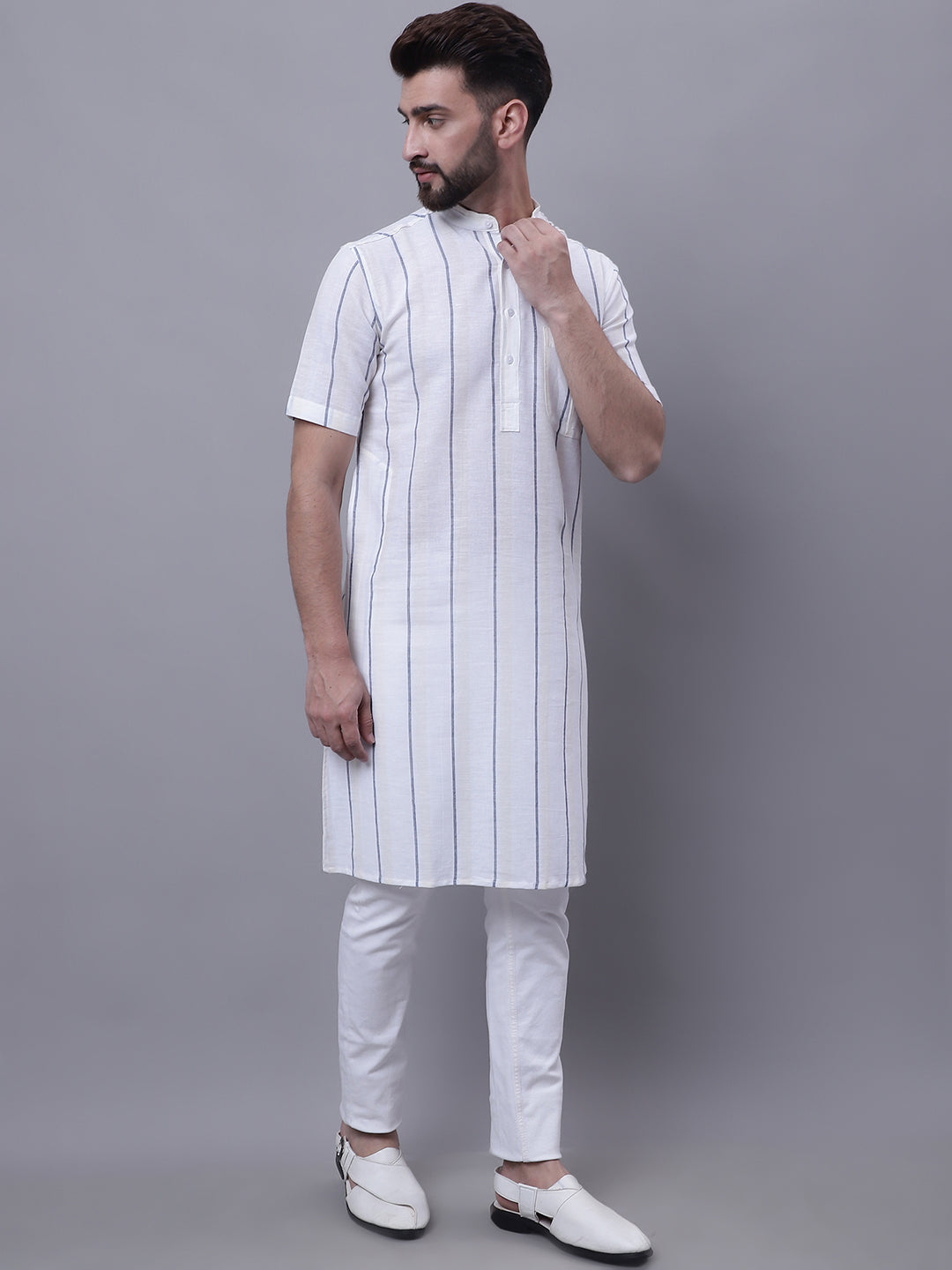 Even Apparels Cream Pure Cotton Short Sleeves Kurta With Band Collar | Swadesiicart
