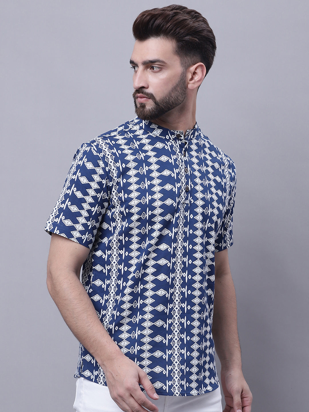 Even Apparels Blue Pure Cotton Short Kurta With Band Collar | Swadesiicart