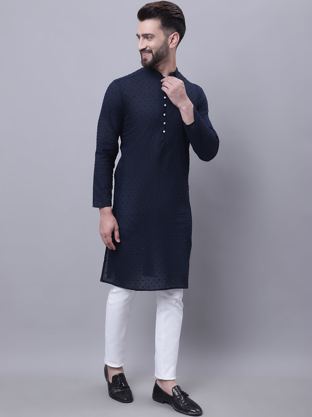 Even Apparels Blue Pure Cotton Kurta With Band Collar | Swadesiicart