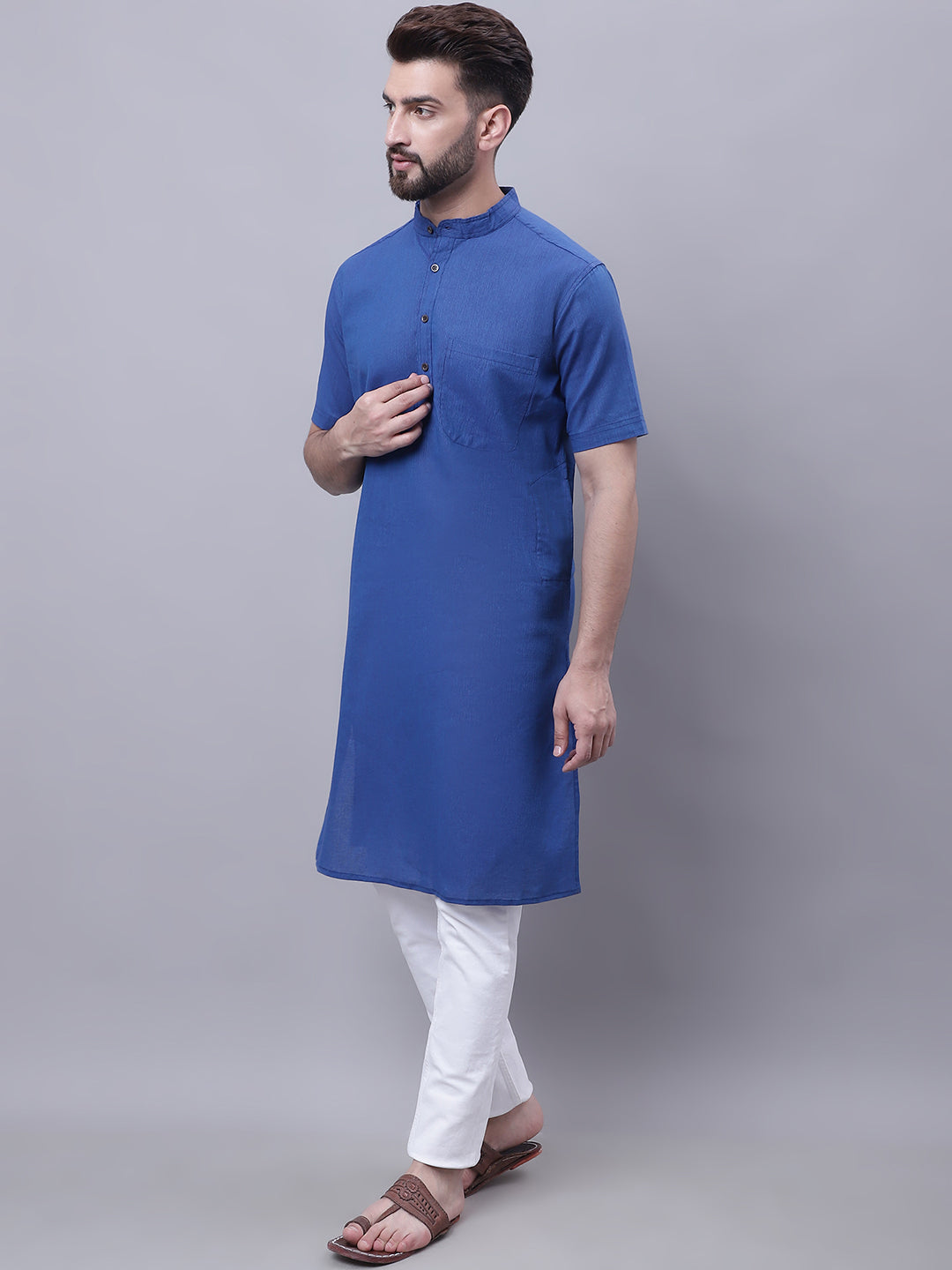 Even Apparels Blue Pure Cotton Short Sleeves Kurta With Band Collar | Swadesiicart