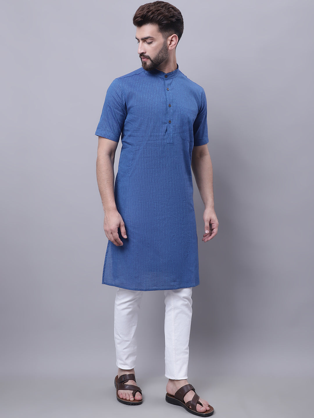 Even Apparels Blue Pure Cotton Short Sleeves Kurta With Band Collar | Swadesiicart