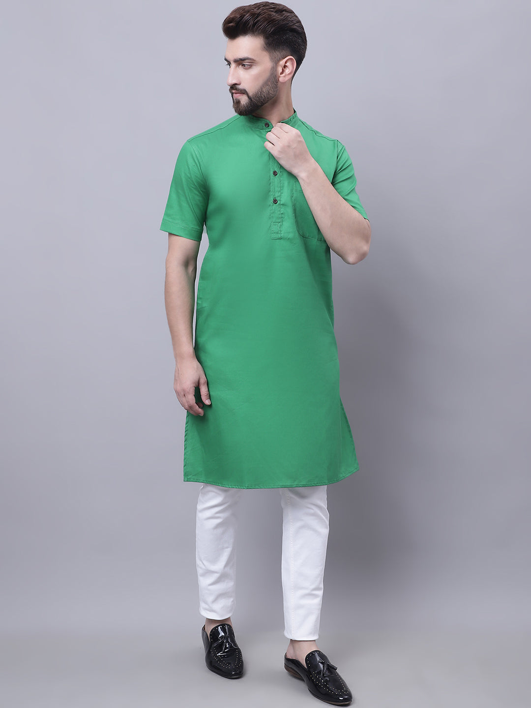 Even Apparels Green Pure Cotton Short Sleeves Kurta With Band Collar | Swadesiicart